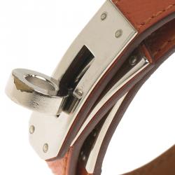 Pre Owned Hermes Kelly Double Tour Orange Palladium Plated Leather Bracelet
