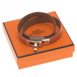 Pre Owned Hermes Kelly Double Tour Orange Palladium Plated Leather Bracelet