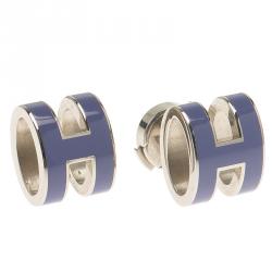Pre Owned Hermes Pop H Periwinkle Lacquer Palladium Plated Stud Earrings