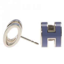 Pre Owned Hermes Pop H Periwinkle Lacquer Palladium Plated Stud Earrings