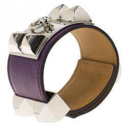 Pre Owned Hermès Collier de Chien Purple Calfskin Leather Palladium Plated Bracelet S
