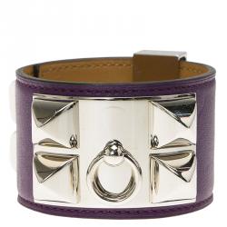Pre Owned Hermès Collier de Chien Purple Calfskin Leather Palladium Plated Bracelet S