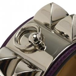 Pre Owned Hermès Collier de Chien Purple Calfskin Leather Palladium Plated Bracelet S