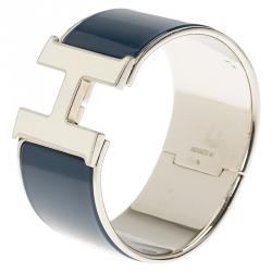 Pre Owned Hermes Clic H Extra Wide Blue Enamel Palladium Plated White Lacquered H Bracelet