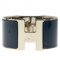 Pre Owned Hermes Clic H Extra Wide Blue Enamel Palladium Plated White Lacquered H Bracelet