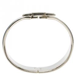 Pre Owned Hermes Clic H Extra Wide Blue Enamel Palladium Plated White Lacquered H Bracelet