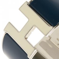 Pre Owned Hermes Clic H Extra Wide Blue Enamel Palladium Plated White Lacquered H Bracelet