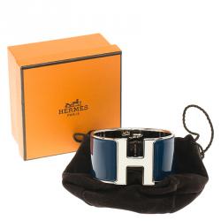 Pre Owned Hermes Clic H Extra Wide Blue Enamel Palladium Plated White Lacquered H Bracelet