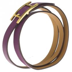 Pre Owned Hermès Hapi 3MM Purple Gold Tone Leather Bracelet