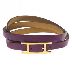 Pre Owned Hermès Hapi 3MM Purple Gold Tone Leather Bracelet
