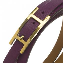 Pre Owned Hermès Hapi 3MM Purple Gold Tone Leather Bracelet