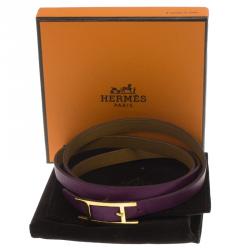 Pre Owned Hermès Hapi 3MM Purple Gold Tone Leather Bracelet