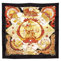 Pre Owned Hermes Black and Red Au dela des Cinq Mers Silk Square Scarf