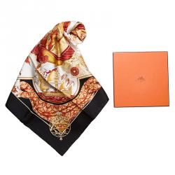 Pre Owned Hermes Black and Red Au dela des Cinq Mers Silk Square Scarf