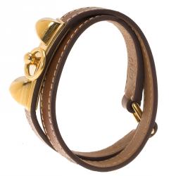 Pre Owned Hermes Rivale Double Tour Brown Leather Gold Tone Bracelet XS