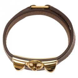 Pre Owned Hermes Rivale Double Tour Brown Leather Gold Tone Bracelet XS