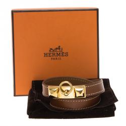 Pre Owned Hermes Rivale Double Tour Brown Leather Gold Tone Bracelet XS