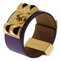 Pre Owned Hermès Collier de Chien Purple Calfskin Leather Gold Plated Cuff Bracelet S