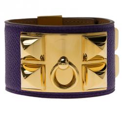 Pre Owned Hermès Collier de Chien Purple Calfskin Leather Gold Plated Cuff Bracelet S