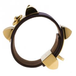 Pre Owned Hermès Collier de Chien Purple Calfskin Leather Gold Plated Cuff Bracelet S