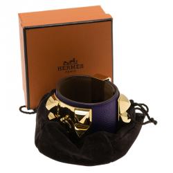 Pre Owned Hermès Collier de Chien Purple Calfskin Leather Gold Plated Cuff Bracelet S