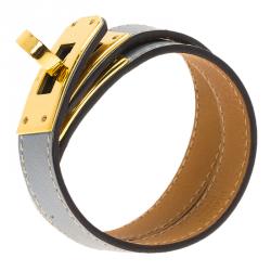 Pre Owned Hermes Kelly Double Tour Grey Leather Gold Plated Wrap Bracelet