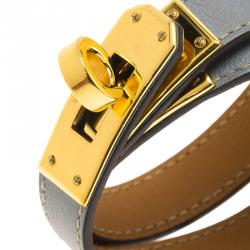 Pre Owned Hermes Kelly Double Tour Grey Leather Gold Plated Wrap Bracelet