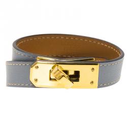 Pre Owned Hermes Kelly Double Tour Grey Leather Gold Plated Wrap Bracelet