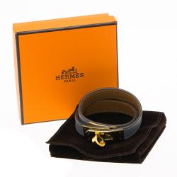 Pre Owned Hermes Kelly Double Tour Grey Leather Gold Plated Wrap Bracelet