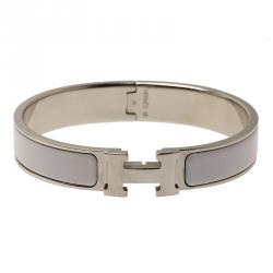 Pre Owned Hermes Clic Clac H Narrow White Enamel Palladium Plated Bracelet GM