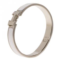 Pre Owned Hermes Clic Clac H Narrow White Enamel Palladium Plated Bracelet GM