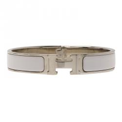 Pre Owned Hermes Clic Clac H Narrow White Enamel Palladium Plated Bracelet GM