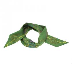 Pre Owned Hermes Green & Yellow Printed Silk Twilly Neck Scarf