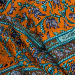 Pre Owned Hermes Chasse En Inde Orange Cashmere and Silk Shawl