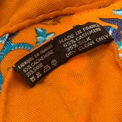 Pre Owned Hermes Chasse En Inde Orange Cashmere and Silk Shawl