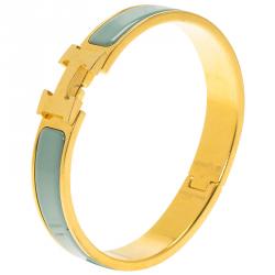 Pre Owned Hermes Clic Clac H Lagoon Blue Enamel Gold Plated Narrow Bracelet GM