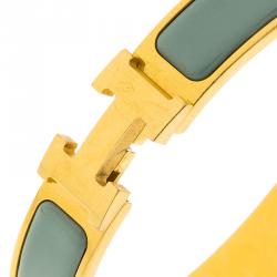 Pre Owned Hermes Clic Clac H Lagoon Blue Enamel Gold Plated Narrow Bracelet GM
