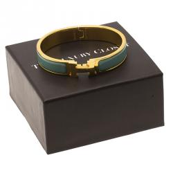 Pre Owned Hermes Clic Clac H Lagoon Blue Enamel Gold Plated Narrow Bracelet GM