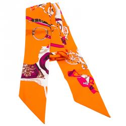 Hermes Orange Horse Carriage Printed Silk Twilly Neck Scarf