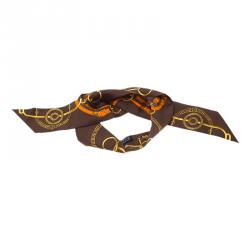 Pre Owned Hermes Brown Horsebit Print Silk Twilly Neck Scarf