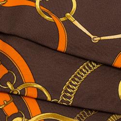 Pre Owned Hermes Brown Horsebit Print Silk Twilly Neck Scarf