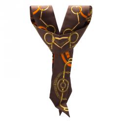 Pre Owned Hermes Brown Horsebit Print Silk Twilly Neck Scarf