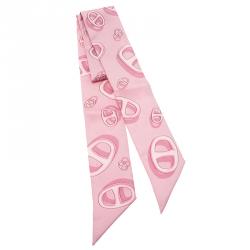 Pre Owned Hermes Pink Chaine d'Ancre Print Silk Twilly Neck Scarf
