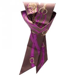 Pre Owned Hermes Brides De Gala Brown & Purple Printed Silk Twilly Neck Scarf
