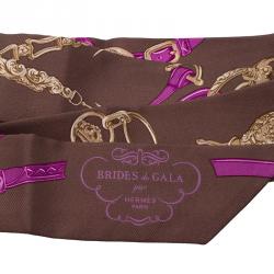 Pre Owned Hermes Brides De Gala Brown & Purple Printed Silk Twilly Neck Scarf