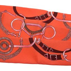 Pre Owned Hermes Coral & Maroon Horsebit Printed Silk Twilly Neck Scarf