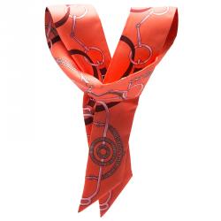Pre Owned Hermes Coral & Maroon Horsebit Printed Silk Twilly Neck Scarf