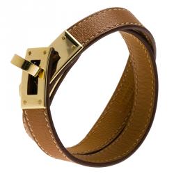 Pre Owned Hermes Kelly Double Tour Brown Leather Gold Plated Wrap Bracelet M