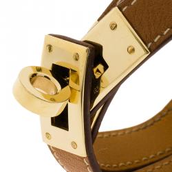 Pre Owned Hermes Kelly Double Tour Brown Leather Gold Plated Wrap Bracelet M