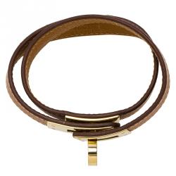 Pre Owned Hermes Kelly Double Tour Brown Leather Gold Plated Wrap Bracelet M